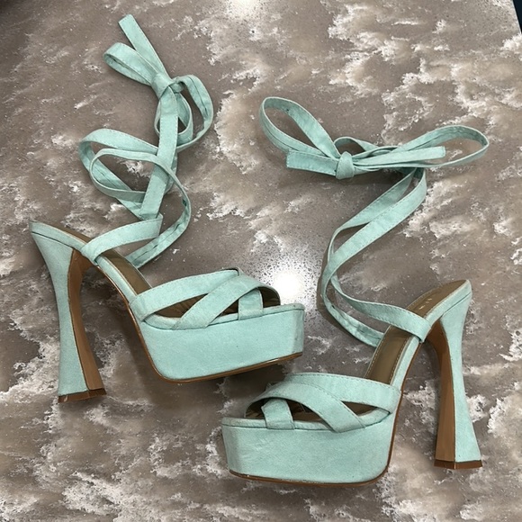 Ego Old Flame Turquoise Blue Square Toe Block Heel Lace Up Platforms size 6 - Picture 4 of 13